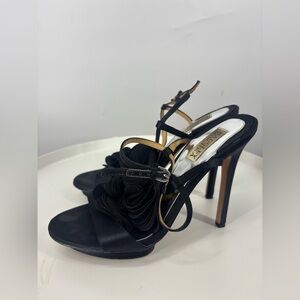 Badgley Mischka Platform Floral Cascade T-Trap Heeled Sandals Satin Black 8.5